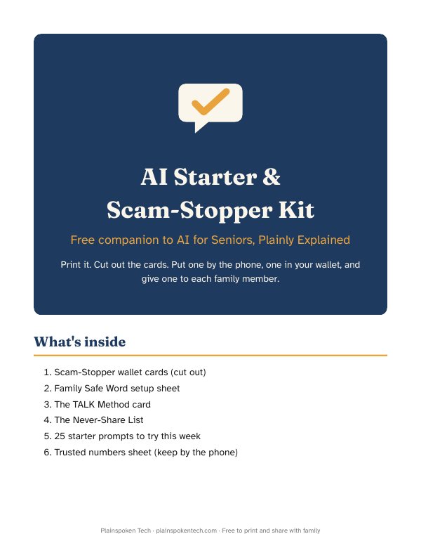 The first page of the AI Starter and Scam-Stopper Kit: a navy title panel and a list of what's inside.